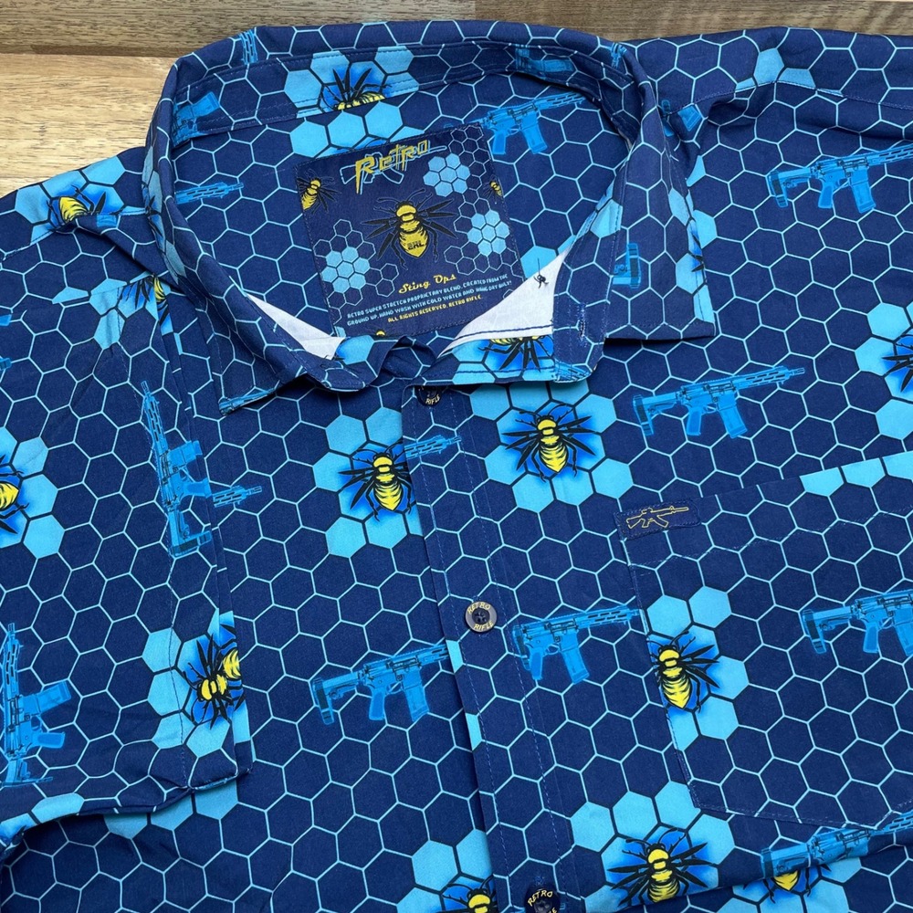 Retro Rifle Sting Ops Honeycomb Bee Rifle Stretch Button Shirt Men's 2XL Blue